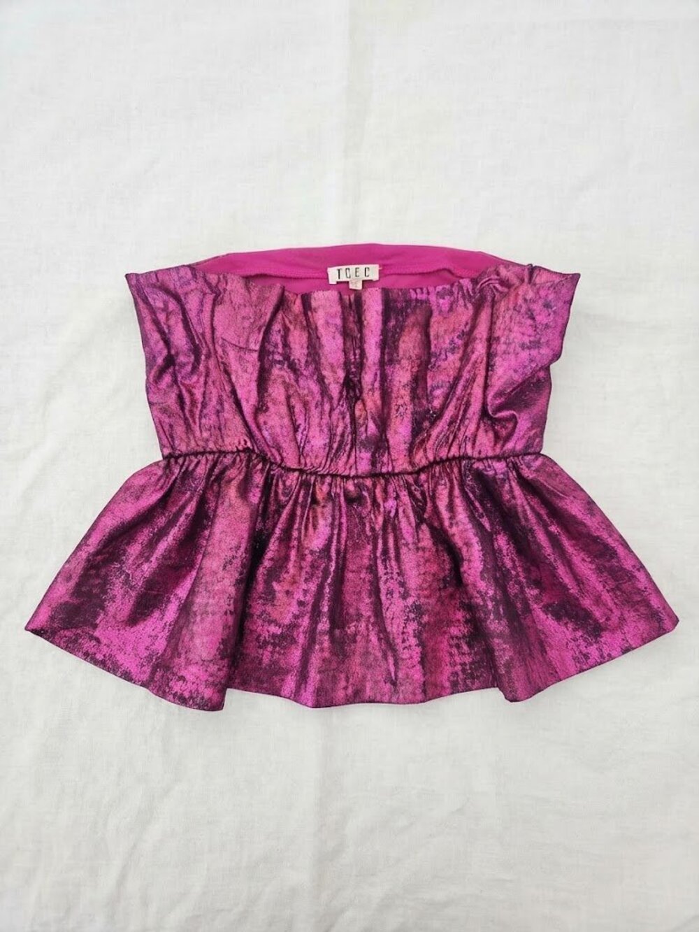 TCEC Metallic Fuchsia Pink Ruffle Strapless Peplum Tube Top Size Large EUC